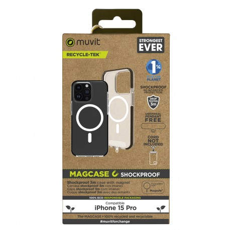 MUVIT - Funda muvit recycletek magsafe shockproof 3m para apple iphone 15 pro transparente - negra - MCSPS0029