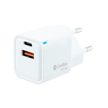 CARGADOR PARED/VIAJE 3.0 GaN USB-C/PD + USB-A 20W BLANCO COOLBOX