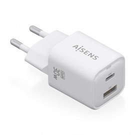 AISENS Cargador Gan 30W, 1xUSB-C PD3.0 QC4.0, 1xUSB-A QC3.0, Blanco