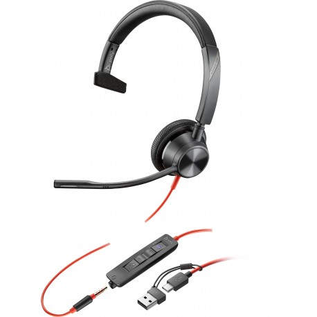 POLY Auriculares monoaurales Blackwire 3315 con certificación Microsoft Teams USB-C + Conector de 3,5 mm + Adaptador USB-C/A