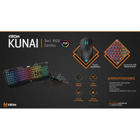 KROM Pack Gaming Kunai, Teclado led , ratón 7200 dpi y alfombrilla