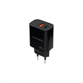CARGADOR PARED 1XUSB-C PD 1xUSB-A/QC 30W NEGRO NANOCABLE
