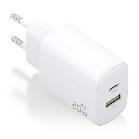 Cargador GaN 20W, 1xUSB-C PD3.0, 1xUSB-A QC3.0, Blanco