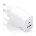 Cargador GaN 20W, 1xUSB-C PD3.0, 1xUSB-A QC3.0, Blanco