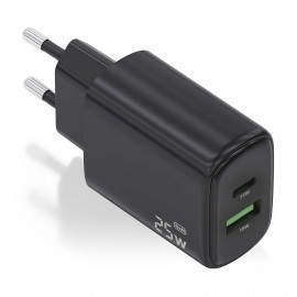 Cargador GaN 25W, 1xUSB-C PD3.0, 1xUSB-A QC3.0, Negro