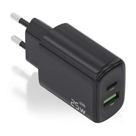 Cargador GaN 25W, 1xUSB-C PD3.0, 1xUSB-A QC3.0, Negro
