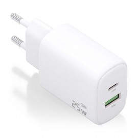 Cargador GaN 25W, 1xUSB-C PD3.0, 1xUSB-A QC3.0, Blanco