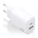 Cargador GaN 25W, 1xUSB-C PD3.0, 1xUSB-A QC3.0, Blanco
