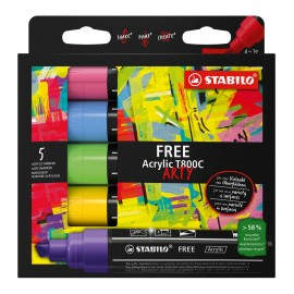 STABILO FREE Acrylic T800C Set 1 marcador 5 pieza(s) Punta de cincel Verde claro, Azul metálico, Rosa, Violeta, Amarillo